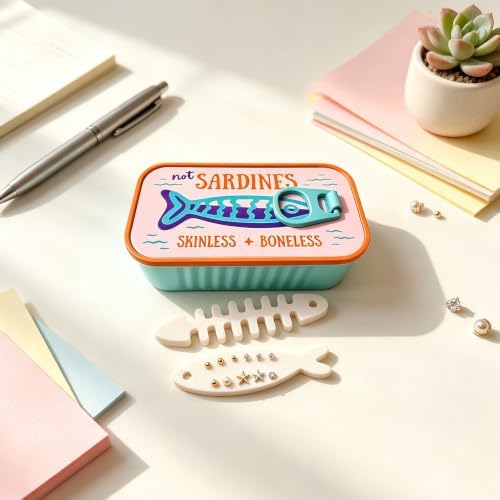 zupvkai 3D Printed Sardine Tin Jewelry Box, Portable Travel Jewelry Case with Fish and Fishbone Holders for Earrings, Necklaces, Rings and Charms (Multicolor F) — view 3