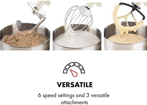 Klarstein Lucia - Stand Mixer, Food Processor and Blender, Meat Grinder, 1300 W, 5 liters, Planetary Mixing System, Mixing Cup, 6-Speed, Various Attachements, Stainless Steel Bowl, Cream