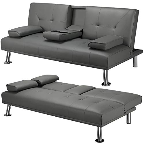 YAHEETECH Modern Faux Leather Futon Sofa Bed Sleeper Sofa with Armrest Home Recliner
