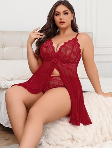 Image of Avidlove Plus Size Lingerie for Women Sexy Lingerie Dress Lace Babydoll Lingerie V-Neck Open Front Strap Nightdress