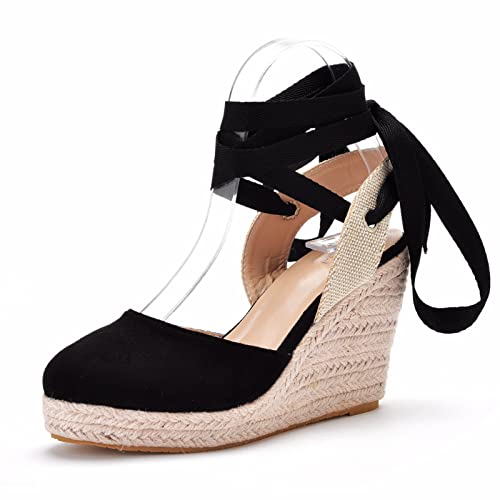 Damen-Espadrilles zum Schnüren, geschlossener Zehenbereich, Keilabsatz, Plateau-Sandalen, für Party, Abschlussball, Urlaub, Strand, Elegante Schuhe,Schwarz,36 EU