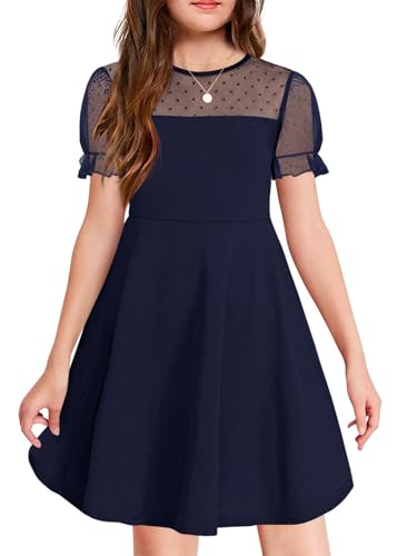 Image of Haloumoning Girls Contrast Mesh Puff Short Sleeve Dress Kids High Waist A Line Casual Dresses with Pockets, Navy Blue, 13-14 Years