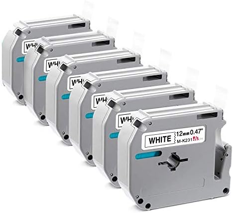 ASprink M-K231 Compatible Label Tape Replacement for Brother P Touch M Tape M-K231S 12mm 0.47Inch White MK231 EMK231 MK231S for Brother Ptouch PT-M95 PT-85 PT-75 PT-65, Black on White, 26.2 Ft, 6-Pack