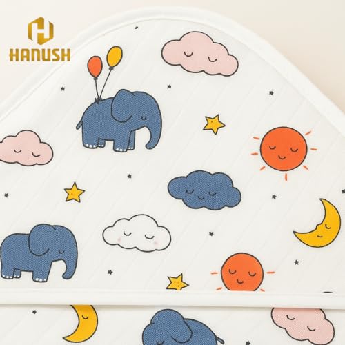 Image of HANUSH 100% Muslin Cotton Baby Hooded Towel 75x75 cm - Double Layer Soft Newborn Bath Wrap, Organic Muslin Bath Towel for Infants & Babies (Unisex, Elephant & Cloud Print)