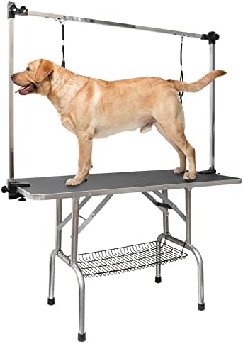 ROOMTEC 46" Foldable Dog Grooming Table with Adjustable Arm, Noose, and Mesh Tray