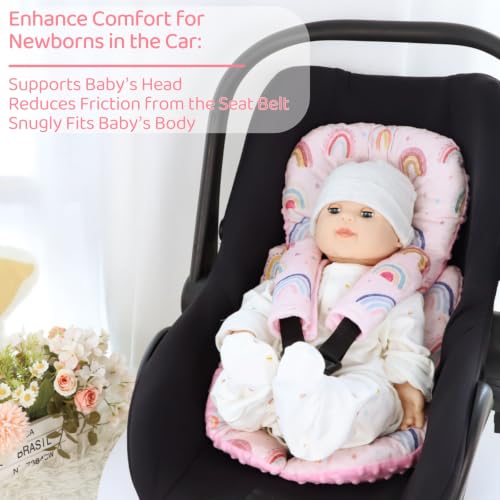 Image of Infant Car Seat Insert, Car Seat Head Support Baby Girls with 2 Strap Covers, Soft & Reversible Newborn Carseat Insert Cushion for Stroller, Swing, Bouncer (Pink Rainbow)