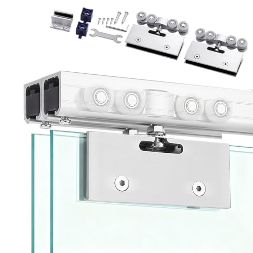 Kit Puerta Corredera Riel Doble para Puerta de Vidrio Plateado, Kit de Herrajes para Puerta Corrediza de Vidrio sin Marco para Ducha Tipo Granero, Juego de Marco para Puerta Empotrada(280cm (9.2ft))