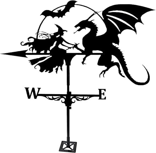 Weathervane Wind Vane for Roof Weathervane for Witch and Flying Dragon Decorations Retro Metal Weather Vane for Garden Stake Yard Roof - Mount Easy Use, Yard Indicating Wind Direction Measuring Tool