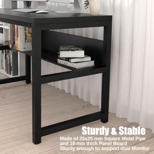 Image of Study Table for Home | with Under-Desk Storage Shelf | Wooden Industrial Computer Table for Home Office & Gaming | Rustic Wood & Black Metal Frame | Black | 120 x 60 x 75 cm