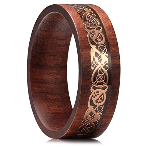 King Will 8mm Rose Gold Wooden Rings, Men's Wedding Rings Red Sandalwood And Celtic Dragon Inlay...