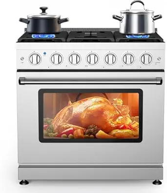 36-Inch Freestanding Gas Range with 6.0 Cu.Ft True Convection Oven - 6 Sealed Burners, Heavy-Duty Cast Iron Grates, Easy Reach Racks, Storage Drawer, In Stainless Steel, Silver