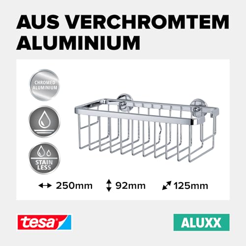 tesa ALUXX Duschkorb, Aluminium, verchromt, garantiert rostfrei, inkl. Klebelösung, tiefer Boden, 125 mm x 250 mm x 92 mm
