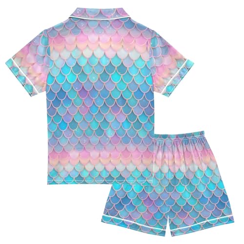 ALAZA Mermaid Fish Scales Lovely Satin Pajamas Set Short Sleeve Button Down Sleepwear Summer Pjs 2 Piece2