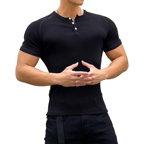Mens Muscle Slim Henley Shirts Casual Fit Athletic T-Shirts Classic Soft Short Sleeve Shirt for Men (Black,Large)