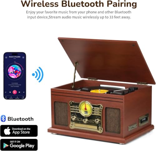 Image of FEKTIK Bluetooth Record Player 10 in 1, 3-Speed Turntable for Vinyl with Speakers, LP to MP3 Converter, CD, Cassette Player, FM Radio, Wireless Streaming | Mahogany