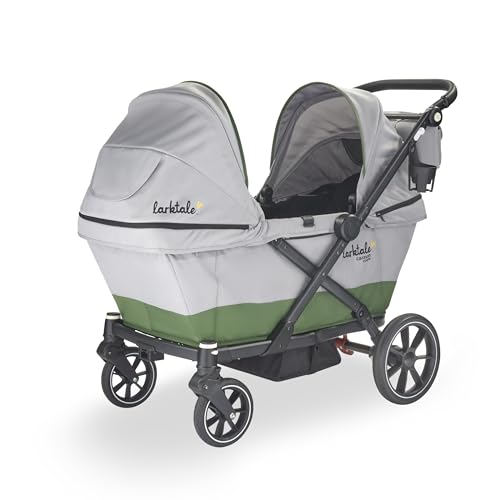 Image of Larktale Caravan Coupe - Compact 2-Seater Stroller Wagon with Small Fold - Adjustable Canopies Included - Gray/Green
