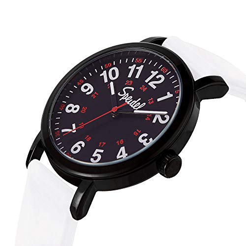 Speidel Original Scrub Watch™ Nurses Doctors Medical Professionals Students Men Women Unisex Easy Read Dial Military Time Red Second Hand Silicone Band Water Resistant BLACK CASE BLACK DIAL/WHITE BAND