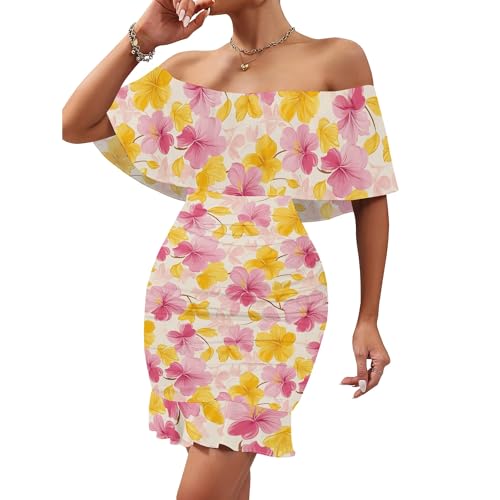 Image of PinkPatty Summer Mini Dress for Women Off Shoulder Ruffled Bodycon Dresses Short Beach Sundress