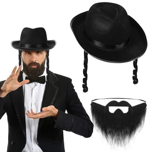 Mepase 2 Pcs Halloween Rabbi Costume Jewish Costume Accessories Jewish Hat with Payes Fake Beard Mustache for Men Halloween Cosplay Party