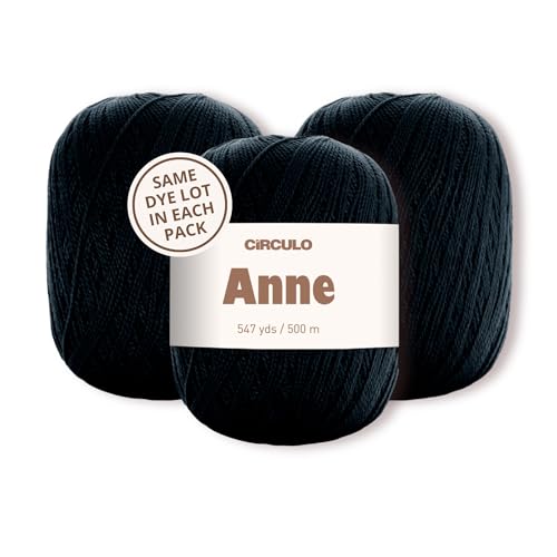 Image of CIRCULO Anne Yarn Pack, 1641 yds for Knitting & Crochet, 3 Balls of 100% Mercerized Brazilian Virgin Cotton, Soft Fingering Weight, Color 8990 Black