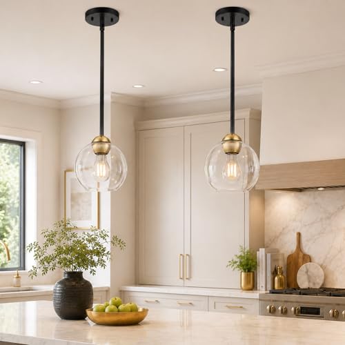 Emak 2 Pack Black and Gold Pendant Light Fixtures Modern 7 Inch Globe Pendant Lights Kitchen Island with Clear Glass Shade 1 Light Hanging Lights for Kitchen Bedroom Bathroom PL119-BKBGD-2PK