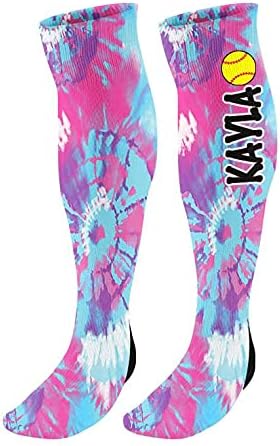 FAN STAR Personalized Softball Knee High Socks, Custom Tie Dyed Softball Socks with Name or Team Name