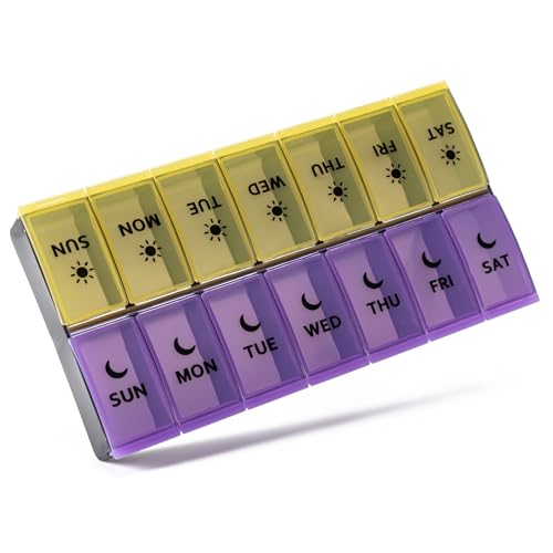 Image of Large Pill Organizer 2 Times a Day, Weekly Pill Case, AM PM Pill Box, Day Night Pill Container 7 Day, Vitamin Case Medicine Dispenser Twice a Day (Yellow & Purple)
