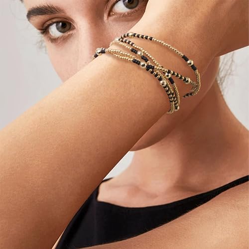 Gold Beaded Gemstone Stackable Stretch Bracelets for Women, Dainty Boho Handmade Natural Stone Seed Bead Ball Layered Bracelet Summer Beach Jewelry Gift2