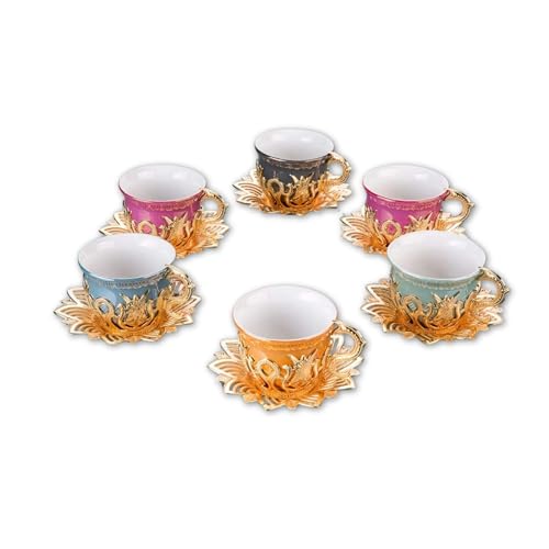 LaModaHome Tulip Shaped Colorful Espresso Coffee Cups with Saucers and Holders- Turkish Arabic Greek Serving Set of 6 Mugs for Dining Table, Guests, Housewarming Gifts, Wedding, Events - Multicolor