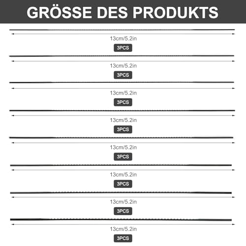24 Stück Laubsägeblätt 130mm Laubsäge Laubblatt, Spirallaubsägeblätter Nr. 1/2/3/4/5/6/7/8 Laubsägeblätter Kohlenstoffstahl Sägeblätter für Holz Kunststoff Metall
