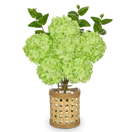 Oairse Flores artificiales hortensias artificiales con 6 hortensias en jarrón de cristal, flores artificiales de hortensias artificiales como hortensias reales para bodas, hogar, hotel, fiesta