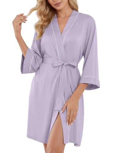 Image of PrinStory Womens Robe Knee Length Soft Knit Bathrobe S-2XL | V-Neck 3 /4 Sleeve Robes with Pockets, Lightweight, Breathable Bath Robe for Shower, Spa, Travel, Home, Party, Nursing