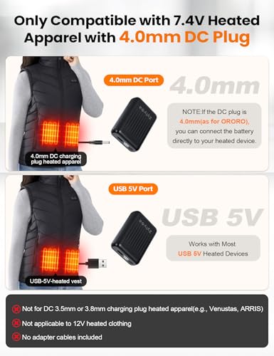 Heated Vest Battery Pack Replacement 18400mAh – 7.4V/5V Power Bank with LED Display, Only for 7.4V Heated Apparel with DC 4.0mm Plug, Not for 12V Gear - Image 3