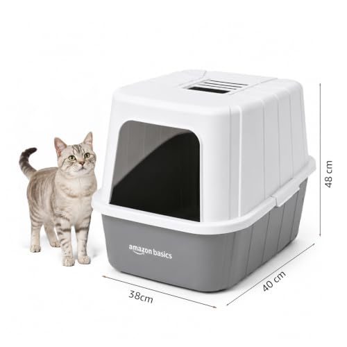 Image of Amazon Basics Semi Enclosed Cat Litter Box | Large Litter Tray | Easy Clean Cat Washroom for Indoor Cats | Brown + White | 38 X 40 X 48 cm | Suitable for Kittens & Cats