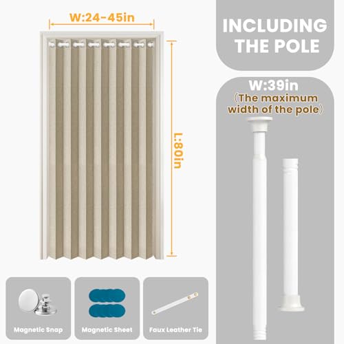 Image of AJAZZ Blackout Accordion Door with Curtain Rods Adjustable 28-39 inch Long, Invisible Sliding Glass Door Curtain for Bedroom Living Room Doorway Curtain Set, 1 Pack, W42 x L80 in, Cream Yellow