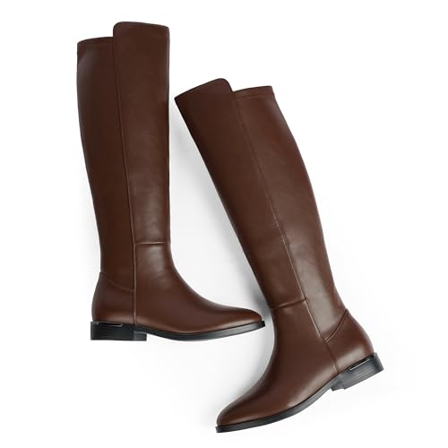 Image of Modatope Rounded Toe Flat Stretchy Dress Knee High Boots Side Zipper | Suede Elastic Fall Winter Boots, Low Chunky Block Heel Riding Boots,2026 Fashion Womens Tall Long Boots