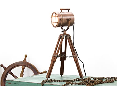 Collectiblesbuy Antique Vintage Desktop Searchlight Adjustable Wood Tripod Lamps Led Table Spotlights Home Decor Copper #TOP1