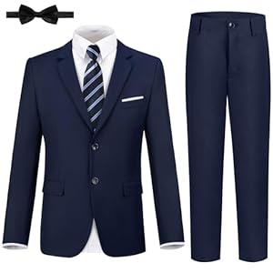 JPF Boys Formal Suits Slim Fit 5 Piece Kids Suit Jacket Pants Set with Dress Shirt and Tie for Wedding Prom