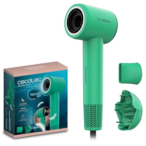 Cecotec Secador de Pelo Compacto y Ligero DryNova Green Leaf. 1600W, 110000RPM, Motor Brushless, Difusor y Concentrador, Generador de Iones, Silencioso y Duradero, 4 Ajustes de Temperatura