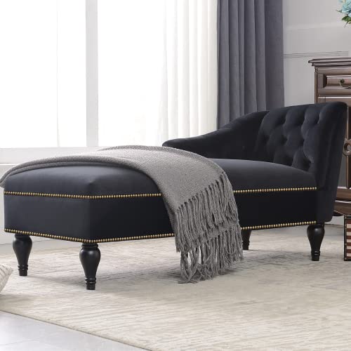 Aocoroe Upholstered Velvet Chaise Lounge Indoor, Button Tufted Right Arm Facing Lounge Chair With Nailhead Trim, Sleeper Lounge Sofa With Solid Wood Legs For Bedroom, Living Room, Office, Black #TOP23