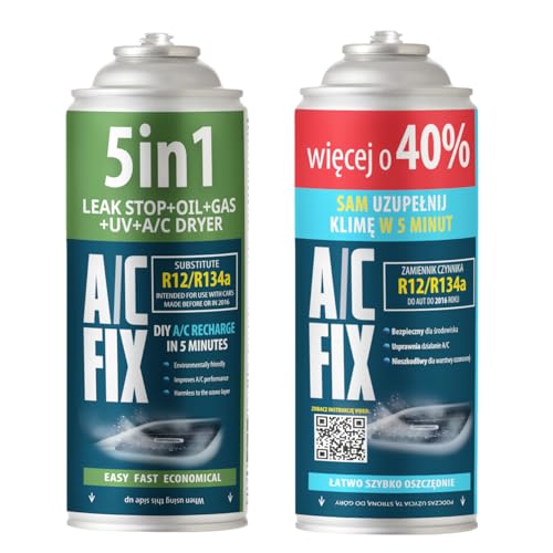 AC FIX 5 en 1 – R134a + R134a XL 470 g Refrigerante para aire acondicionado de coche con aceite, sellador, tinte UV y desecante. Aplicación rápida. Protege el compresor.