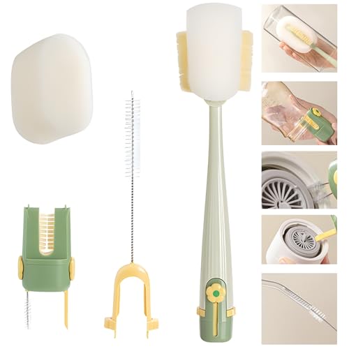 5 in 1 Bottle Cleaning Brush Set, 2025 Multifunctional Lid Brush Cleaning Tool Kitchen, Portable Long Handle Bottles Scrubber for Cup Lids, Hard Bristle Sponge Head Bottle Brushes (Green)