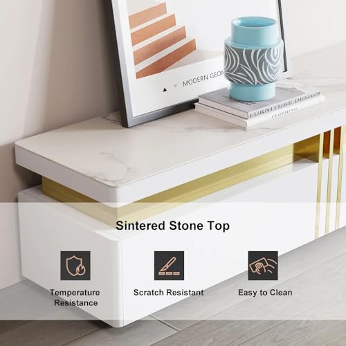 Image of Luxury Joyce Modern TV Unit /Console - 70 inch Naino Compsit Marble Top, 3 Drawer Storage - White & Gold Finish - Scratch Resistant, Waterproof Plywood - Living Room Media Cabinet (White)