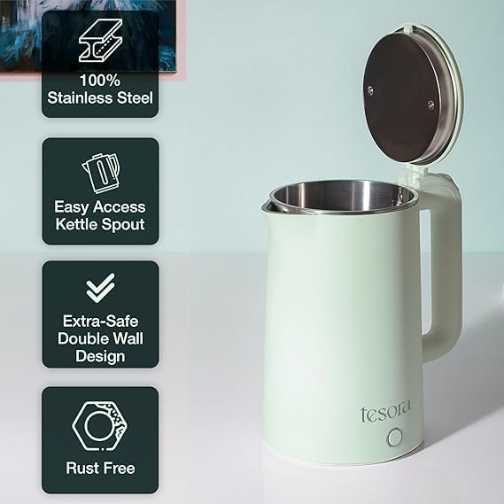 Image of Premium Electric Kettle | Auto Power Cut | Boil-Dry Protection | Cool Touch Double Wall | 1500 Watts |1-Year Warranty by Tesora (Green)
