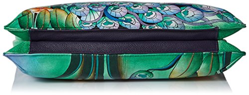 Anna By Anuschka Women's Genuine Leather Large V Top Multi-Compartment Cross Body | Hand Painted Original Artwork | Midnight Peacock #TOP3