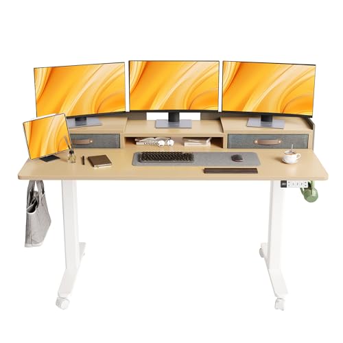 Image of Claiks Standing Desk with Drawers & Wheels, 2 Height Shelf 63 inch Natural