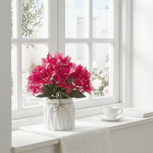 Image of Dekorly Artificial Lavender Plant in White Pot, 18cm - Realistic Faux Flower Arrangement for Home & Office Decor (Set of 1) (1, Bougainvillea)