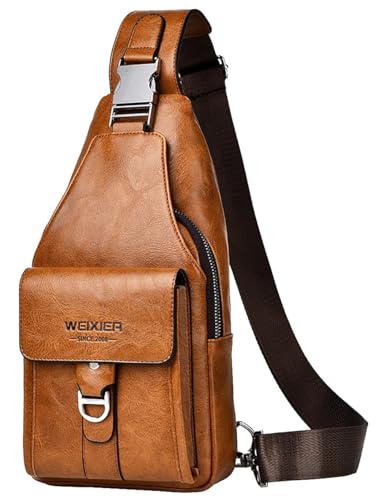 Hjkiopc Sacoche Homme Bandouliere Sac de Poitrine business Loisir Dos PU Cuir Pochette Epaule Sac à Dos de Voyage pour Homme Femme (Marron Clair-1)