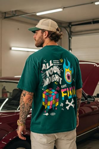 Image of Veirdo Cotton Drop Shoulder Round Neck Oversized Baggy Fit Front & Back Graphic Printed Half Sleeve T-Shirt Men (Available in from S to 2XL)