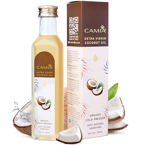 Image of CAMIA - 100% Organic Cold Pressed Coconut Oil for Skin & Hair | 100% Pure & Natural Hair Oil | Skin Hydration & Nourishment | Premium Skin Care | Ideal for Skin & Hair Care | 250 ML Glass Bottle